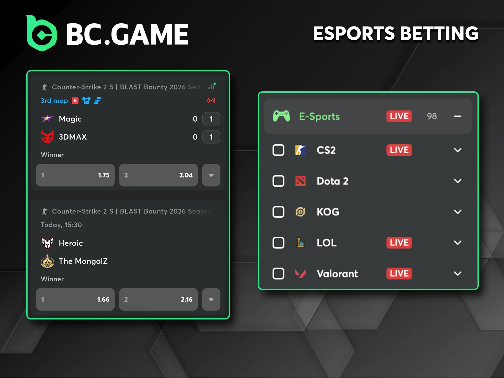 Follow the action as the top esports teams compete and place your bets on the BC Game website.