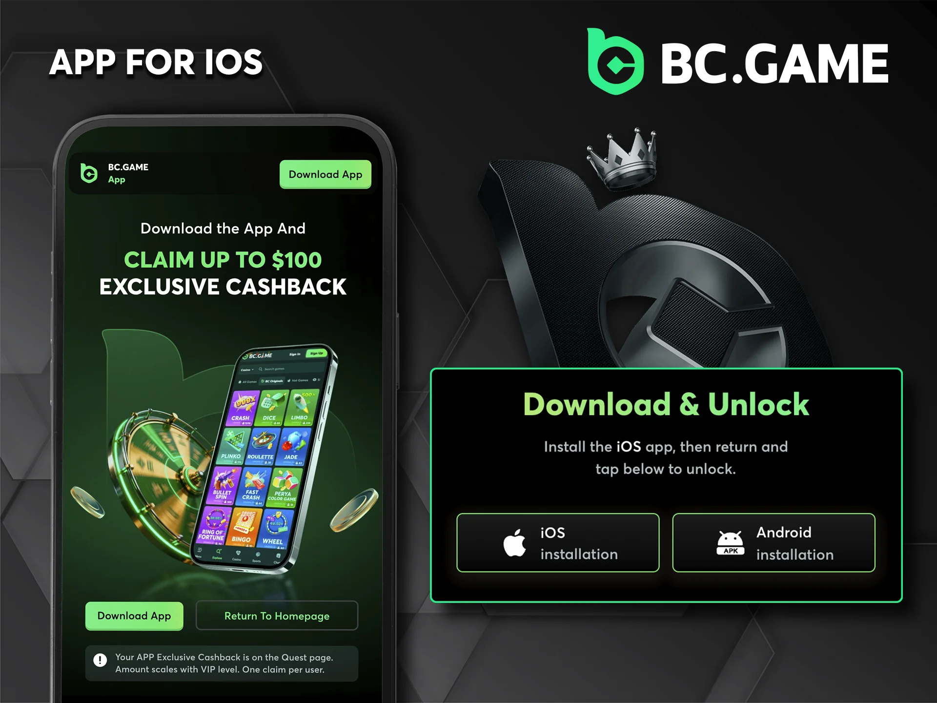 The BC Game app for iOS is always available and offers a high level of security.