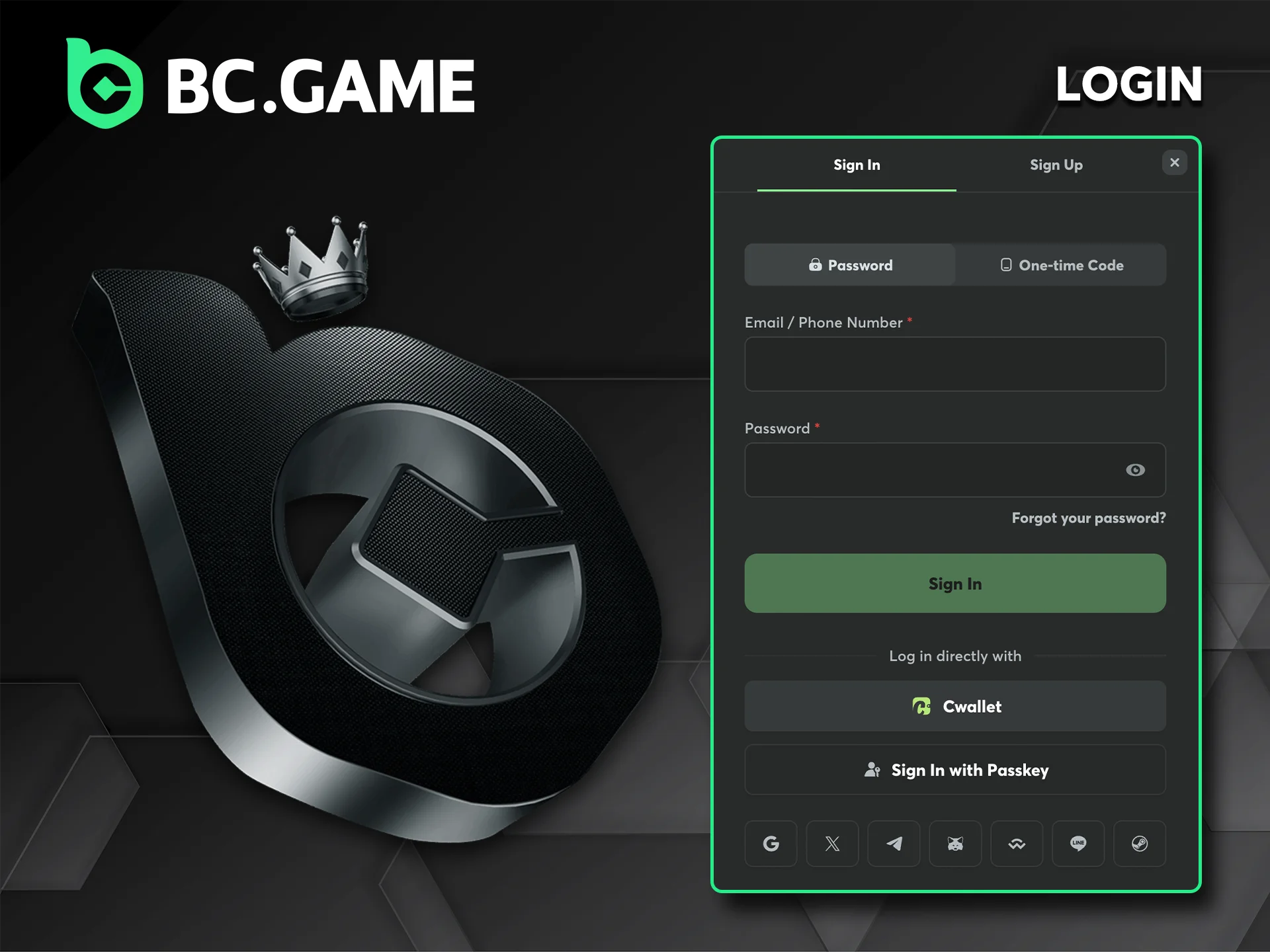 Use your password to log in to the BC Game website.
