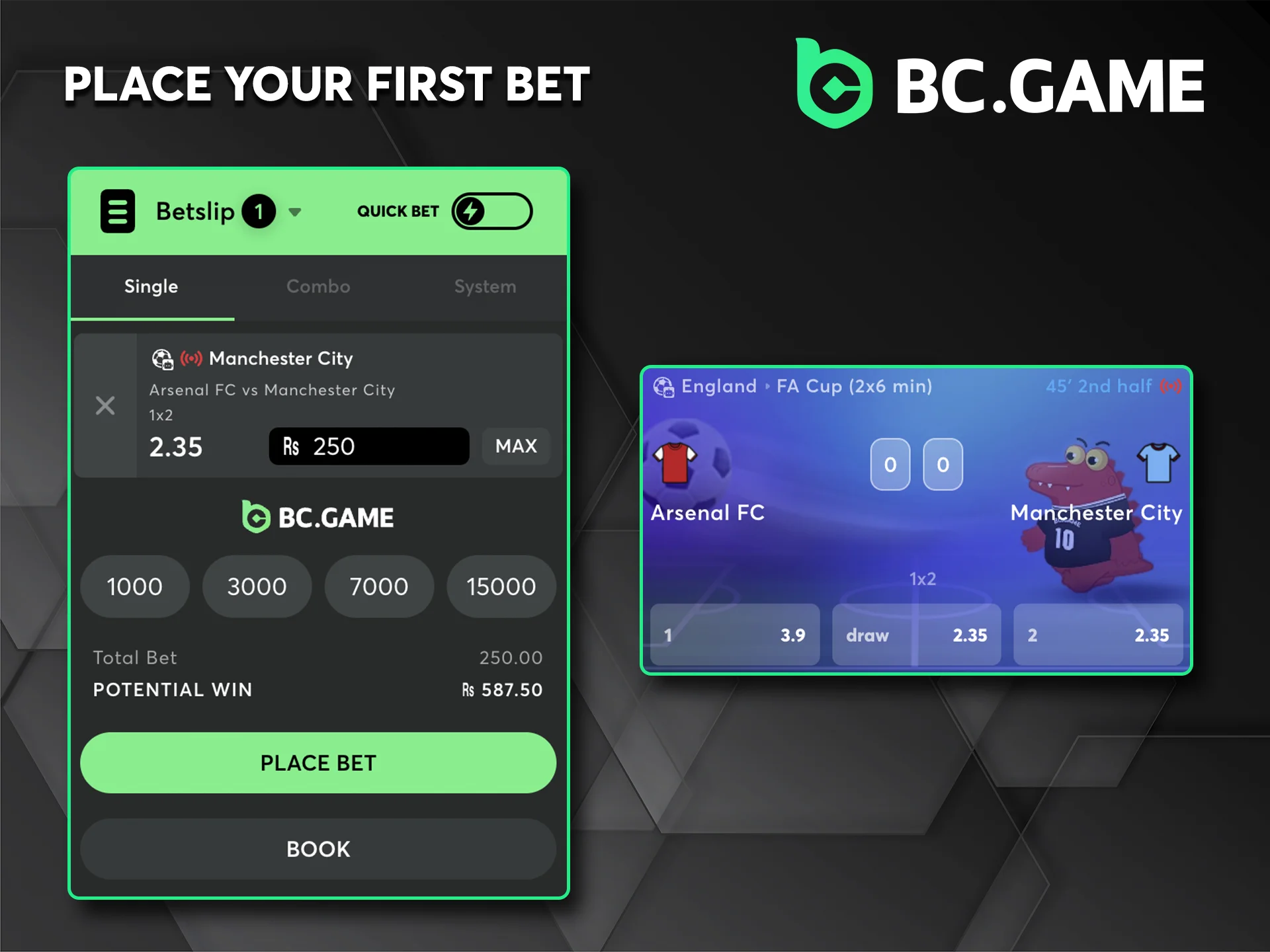 Sign up and place your first bet with the BC Game bookmaker.