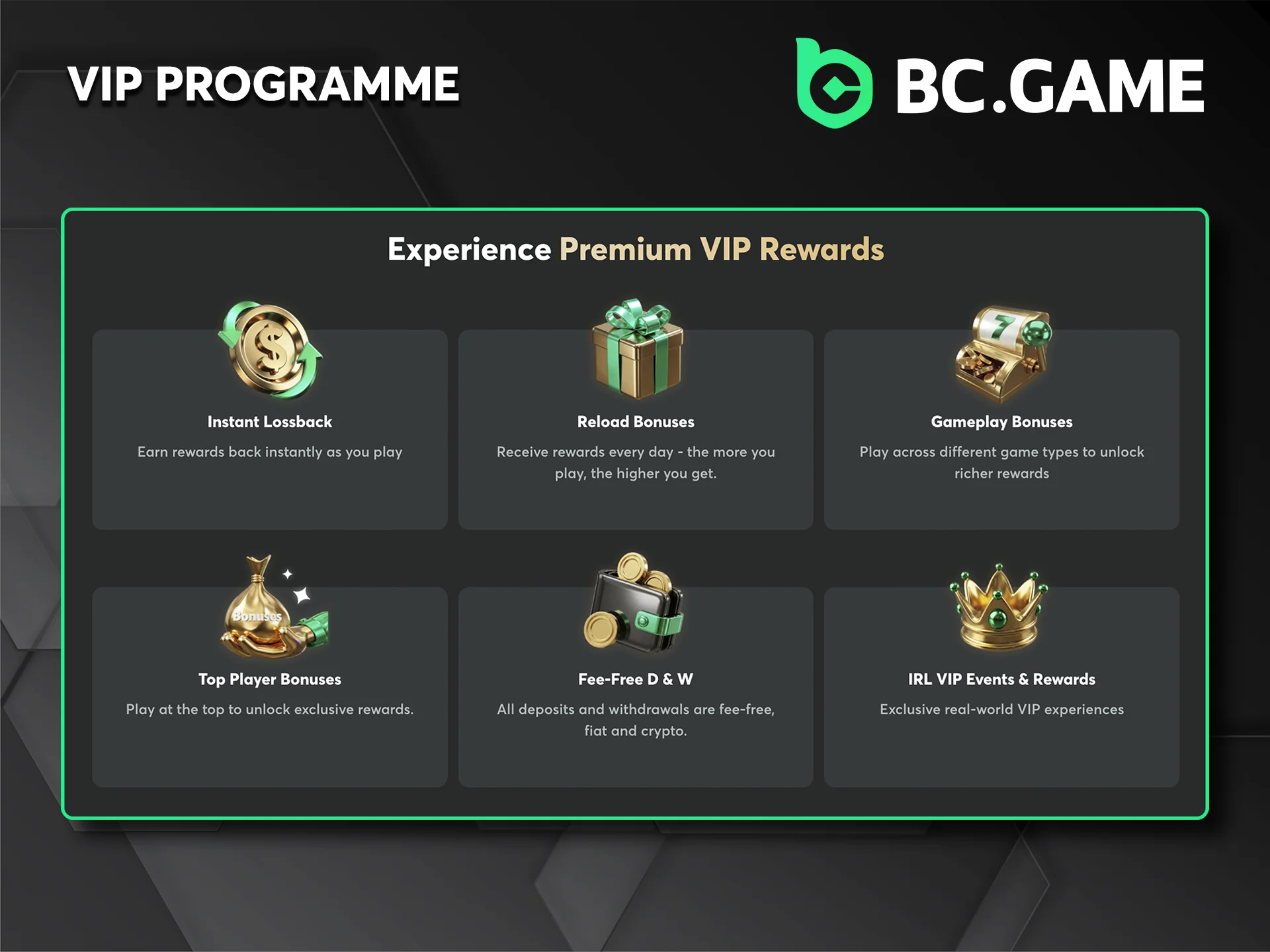 Get extra bonuses by taking advantage of the VIP programme at BC Game Casino.